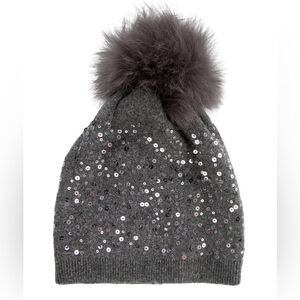 NWT New with Tag Adrienne Landau Sequined Wool Blend Beanie Hat w/Faux Fur